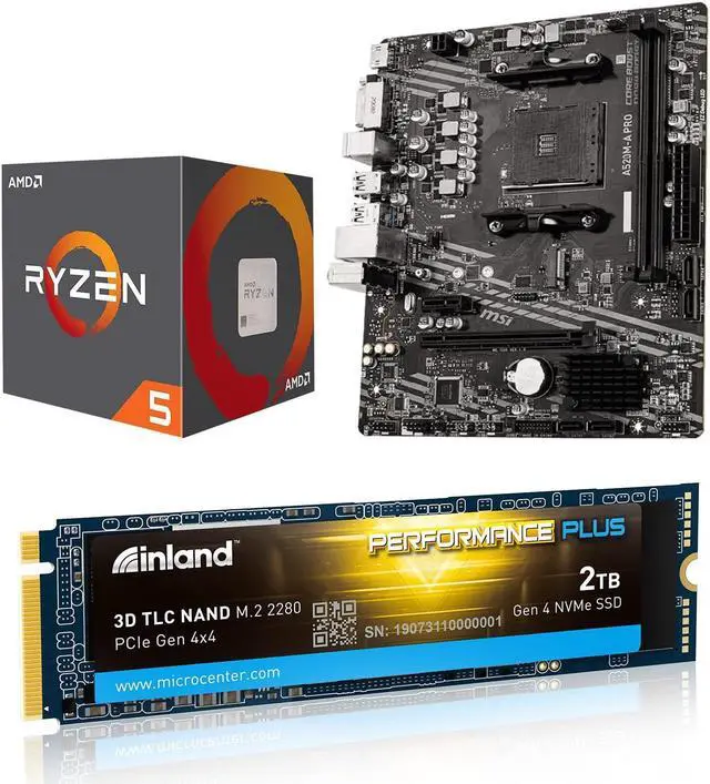 Main image of INLAND Micro Center AMD Ryzen 5 5500 Unlocked Desktop Processor Bundle with MSI A520M-A PRO Gaming Motherboard and 2TB Performance Plus 2280 NVMe Internal SSD up to 7000MB/s