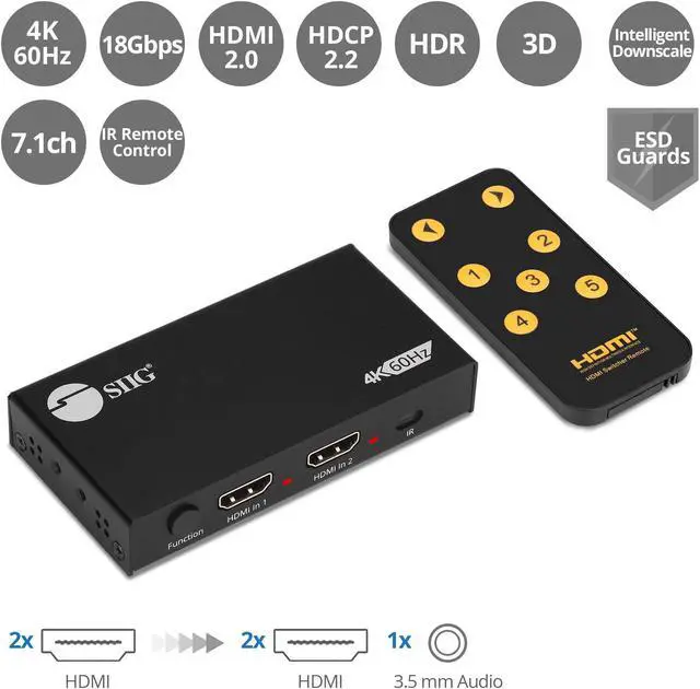 Alt view image 2 of 5 - SIIG 2x2 HDMI Splitter and Switch 4K 60Hz HDR, HDCP Bypass 2.2, EDID - Digital and PCM 7.1 Audio - IR Remote Control, 2 in 2 Out (CE-H26D11-S1)