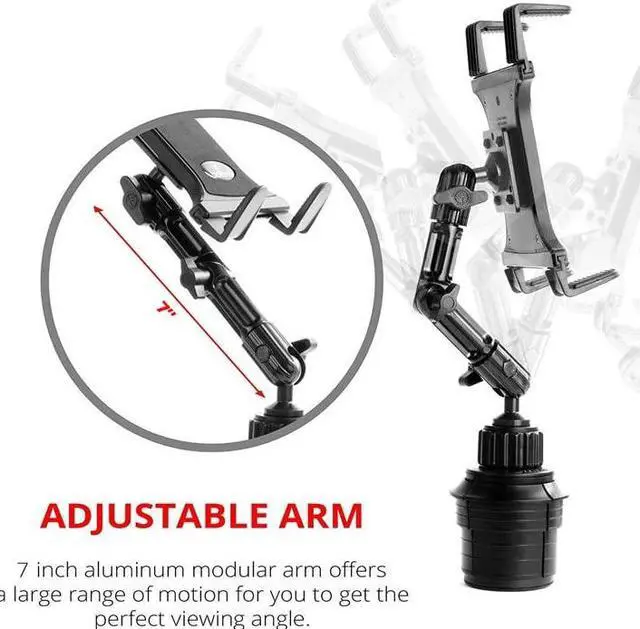 Alt view image 2 of 5 - Tackform Tablet Cup Holder Mount for Car or Truck [Enduro Series ] Heavy Duty ELD Mount - Aluminum 3-Way Adjustable Arm with Universal Spring Loaded Tablet Cradle