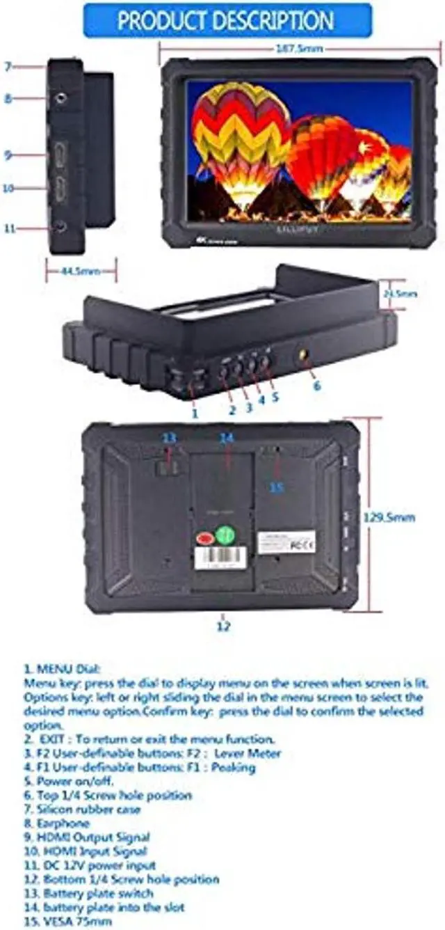 Alt view image 5 of 5 - LILLIPUT A7S 7" 1920x1200 IPS Screen Camera Field Monitor 4K 1.4 HDMI Input output Video with Black Rubber Case Best Field Monitor (LILLIPUT USA OFFICIAL SELLER for full warranty)