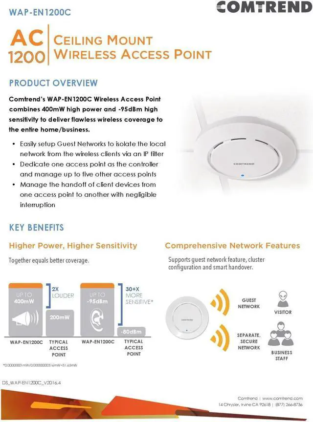 Alt view image 4 of 5 - Comtrend 400Mw High Power AC1200 Poe Ceiling Mount Access Point WAP-EN1200C