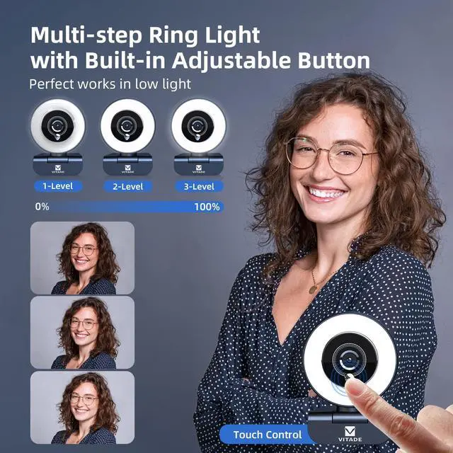 Alt view image 4 of 5 - VITADE Streaming Webcam with Adjustable Ring Light, Full HD 1080P Webcam with Dual Microphones and Advanced Auto-Focus,Pro Web Camera for Online Learning, Zoom Meeting Skype Teams, Gaming Laptop
