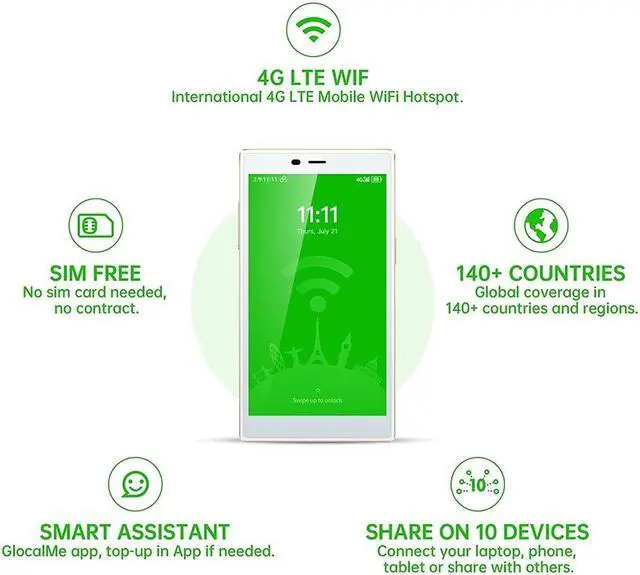 Alt view image 4 of 5 - GlocalMe G4 Pro 4G LTE Mobile Hotspot Router & Protective Case, with US 8GB & Global 1.1GB Data, 5" Touch Screen LCD Display Portable WiFi Hotspot for Travel, No Contract, SIMFREE, Pocket WiFi Device