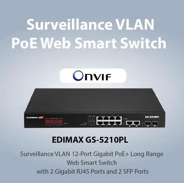 Alt view image 2 of 5 - EDiMAX PRO 8 + 2 RJ45 + 2 SFP Ports Gigabit POE+ Smart Switch, Long Range 656Ft (200M), Up to 30W Per Port (Total Power Budget: 110W) with 2 RJ45 + 2 SFP Uplink Ports, Surveillance, GS-5210PL