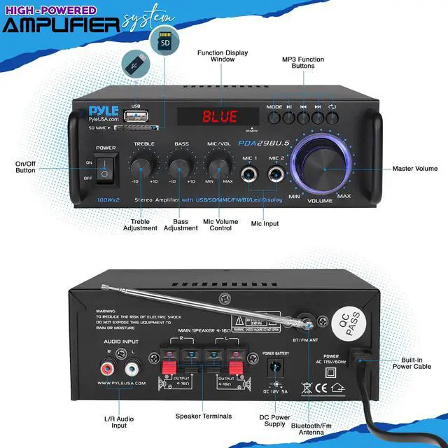 Alt view image 2 of 5 - Pyle Wireless Bluetooth Stereo Power Amplifier - 200W 2 Channel Audio Receiver USA Warranty w/ RCA, USB, SD, MIC IN, FM Radio, For Home Theater Entertainment via RCA, Studio Use - PDA29BU.6
