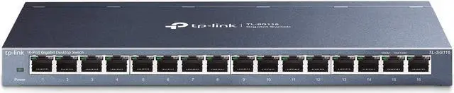 Main image of TP-Link 16 Port Gigabit Ethernet Network Switch, Desktop/ Wall-Mount, Fanless, Sturdy Metal w/ Shielded Ports, Traffic Optimization, Unmanaged (TL-SG116) Black