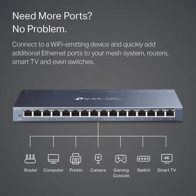Alt view image 3 of 5 - TP-Link 16 Port Gigabit Ethernet Network Switch, Desktop/ Wall-Mount, Fanless, Sturdy Metal w/ Shielded Ports, Traffic Optimization, Unmanaged (TL-SG116) Black