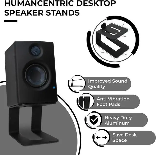 Alt view image 2 of 5 - HumanCentric Desktop Speaker Stands Pair for Desk Speakers, Medium and Small Bookshelf Riser, Use in Studio, Home Office or Gaming Setup, 5 Degrees Tilt, Aluminum, Rubber Feet, Black