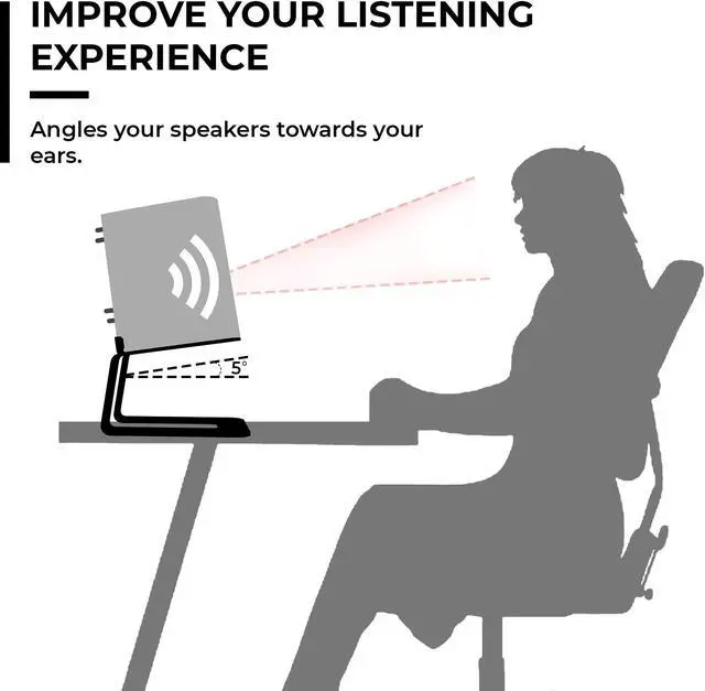 Alt view image 4 of 5 - HumanCentric Desktop Speaker Stands Pair for Desk Speakers, Medium and Small Bookshelf Riser, Use in Studio, Home Office or Gaming Setup, 5 Degrees Tilt, Aluminum, Rubber Feet, Black