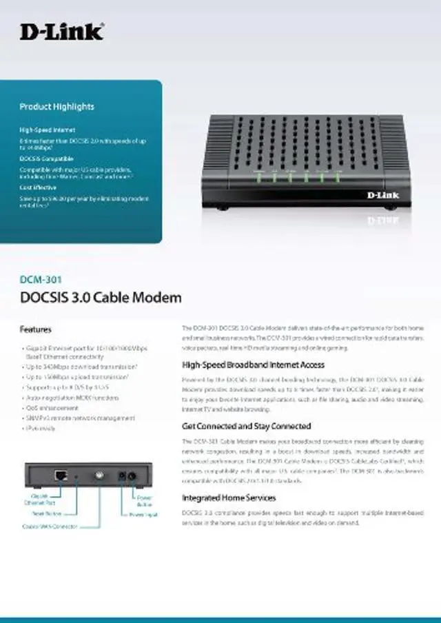 Alt view image 4 of 5 - D-Link DOCSIS 3.0 Cable Modem (DCM-301) Compatible with Comcast Xfinity, Time Warner Cable, Charter, Cox, Cablevision, and More