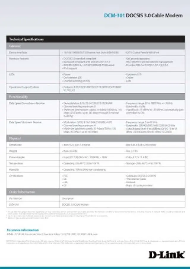 Alt view image 5 of 5 - D-Link DOCSIS 3.0 Cable Modem (DCM-301) Compatible with Comcast Xfinity, Time Warner Cable, Charter, Cox, Cablevision, and More