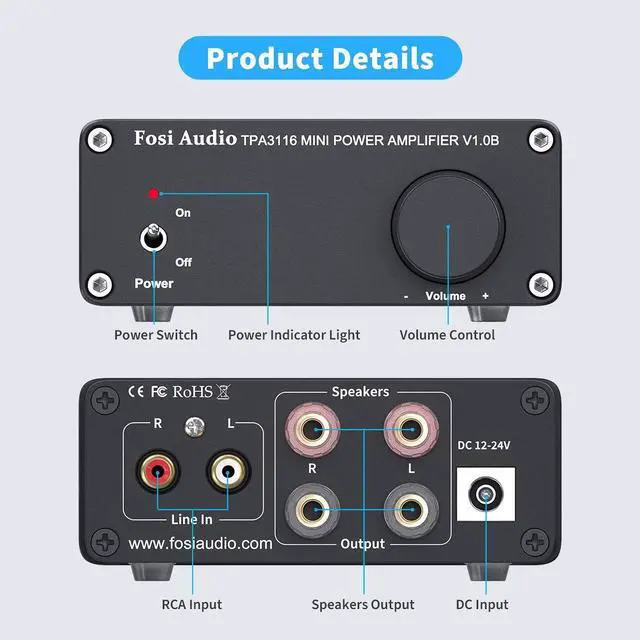 Alt view image 5 of 5 - Fosi Audio V1.0B 2 Channel Amplifier Stereo Audio Amp Mini Hi-Fi Class D Integrated TPA3116 Amp for Home Speakers 50W x 2 with 19V 4.74A Power Supply