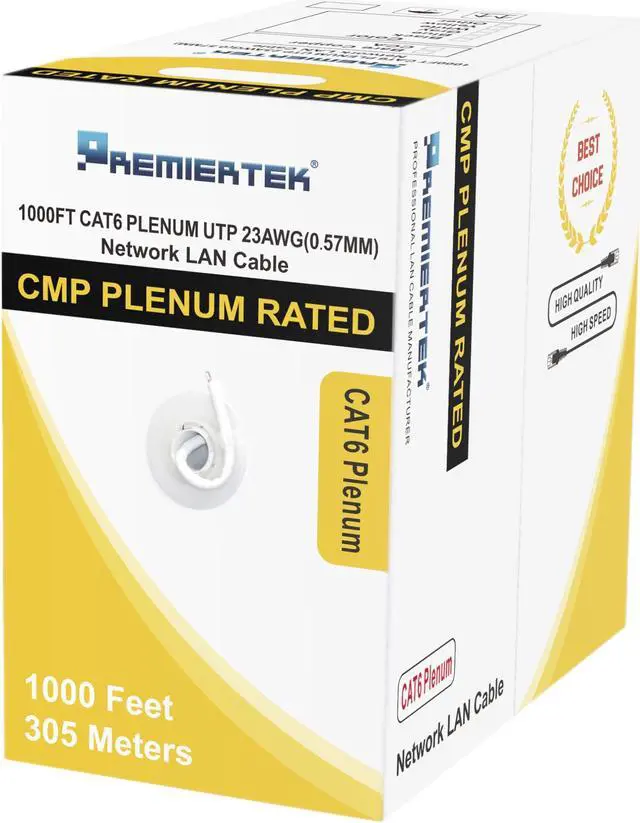Main image of Premiertek 1000Ft Cat6 CMP Plenum 23AWG CCA UTP 4-Pairs Premium Network LAN Cable 550MHz White