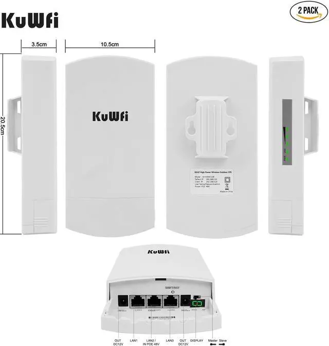 Alt view image 2 of 5 - Outdoor Wireless Bridge, KuWFi 5.8G 3KM Transmission WiFi Point to Point Wireless Ethernet Bridge Router, with 3 RJ45 LAN Ports, Pre-Program, 48V PoE, 2-Packs