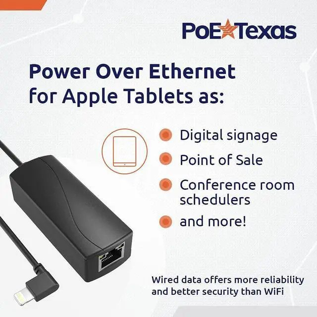 Alt view image 2 of 5 - PoE Texas Power Over Ethernet Adapter for Apple Tablets and Phone - Converts 802.3af PoE Switch, Injector to 5V 12W for POS, Digital Signs, Conference Rooms - Splitter Extends Charging & Data to 328