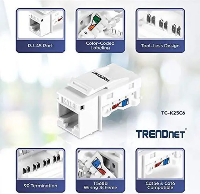 Alt view image 4 of 5 - TRENDnet Cat6 Keystone Jack, 25-Pack Bundle, 90° Angle Termination, Compatible with Cat5, Cat5e, Cat6 Cabling, Color-Coded Labeling, Gold-Plated Contacts, Tool-Less Design, White, TC-K25C6