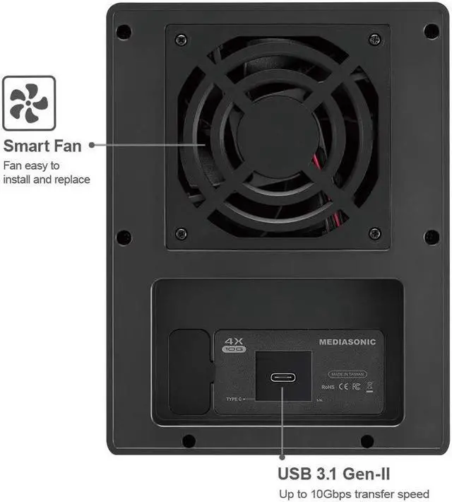 Alt view image 3 of 5 - Mediasonic Raid 4 Bay Hard Drive Enclosure DAS - USB 3.2 Gen 2 10Gbps USB Type C Support 24TB HDD USB Hub (HFR7-SU31CH)