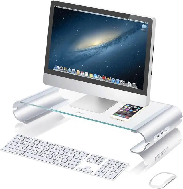 Alt view image 2 of 5 - j5create Monitor Stand with 3-port USB 3.0 HUB JUT325 | Aluminium Legs and Clear Tempered Glass Monitor Riser | Compatible with iMac/Windows/Chrome/Linux Laptop, Macbook