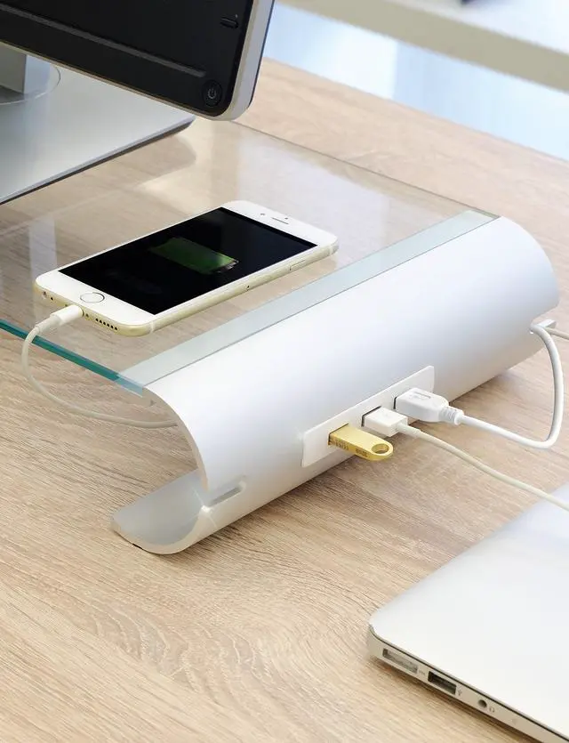 Alt view image 4 of 5 - j5create Monitor Stand with 3-port USB 3.0 HUB JUT325 | Aluminium Legs and Clear Tempered Glass Monitor Riser | Compatible with iMac/Windows/Chrome/Linux Laptop, Macbook