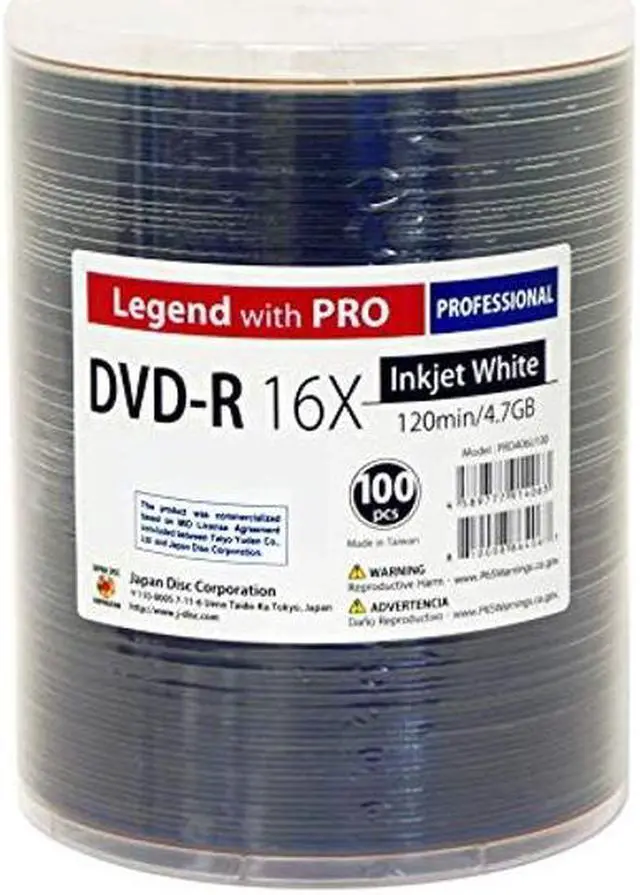 Main image of 100 Pack Professional DVD-R Legend with Pro Taiyo Yuden TY Technology 16X 4.7GB 120Min (MID TYG03) White Inkjet Hub Printable Blank Recordable Disc