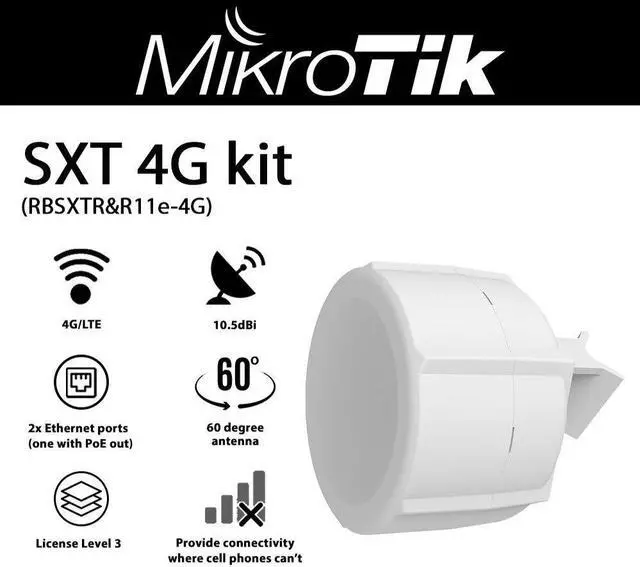 Alt view image 2 of 2 - Mikrotik SXT 4G kit RBSXTR&R11e-4G 60 Degree 10.5dBi Antenna with Build in 4G/LTE Category 4 Modem and 2 Ethernet Ports