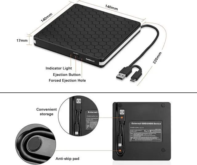 Alt view image 5 of 5 - External DVD Drive, Amicool USB 3.0 Type-C CD DVD +/-RW Optical Drive USB C Burner Slim CD/DVD ROM Rewriter Writer Reader Portable for PC Laptop Desktop MacBook Mac Windows 7/8.1/10 Linux OS Apple