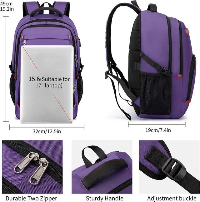 Alt view image 2 of 5 - Travel Laptop Backpack 17.3 inch,Extra Large School Backpack Bookbag Computer Rucksack with USB Charging Port,Water Resistant Backpacks for Business College Travel,Women Casual Daypack,Purple