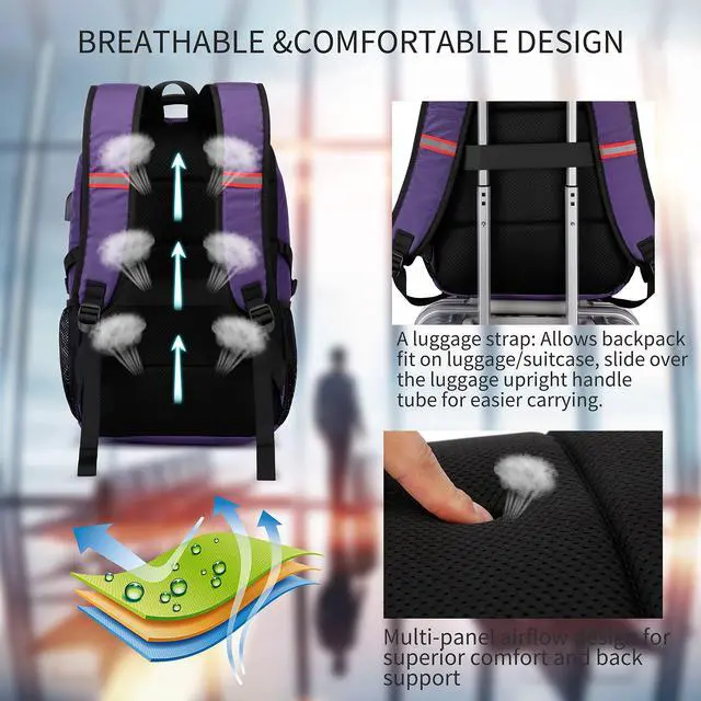 Alt view image 5 of 5 - Travel Laptop Backpack 17.3 inch,Extra Large School Backpack Bookbag Computer Rucksack with USB Charging Port,Water Resistant Backpacks for Business College Travel,Women Casual Daypack,Purple