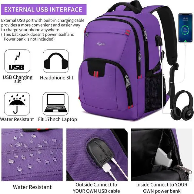 Alt view image 4 of 5 - Travel Laptop Backpack 17.3 inch,Extra Large School Backpack Bookbag Computer Rucksack with USB Charging Port,Water Resistant Backpacks for Business College Travel,Women Casual Daypack,Purple