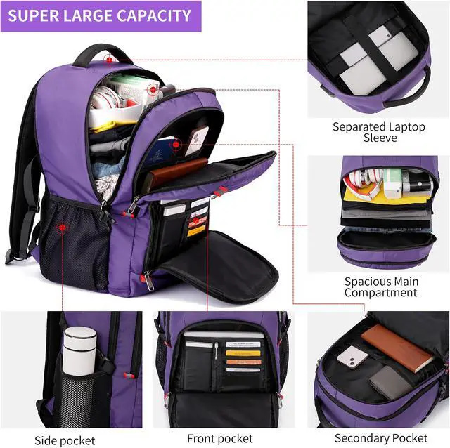 Alt view image 3 of 5 - Travel Laptop Backpack 17.3 inch,Extra Large School Backpack Bookbag Computer Rucksack with USB Charging Port,Water Resistant Backpacks for Business College Travel,Women Casual Daypack,Purple