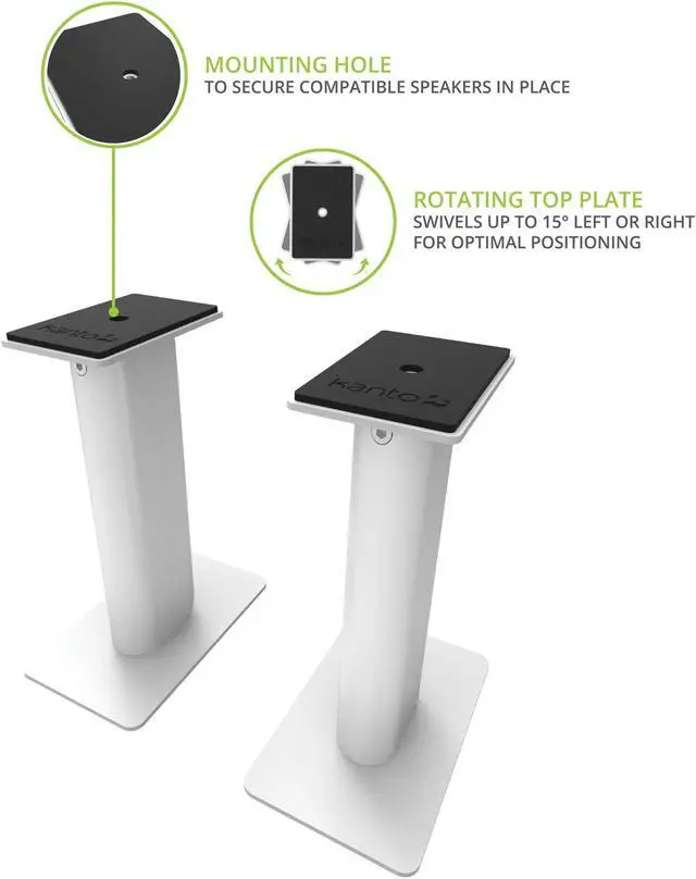 Alt view image 2 of 5 - Kanto SP9W Desktop Speaker Stands for Small/Medium Bookshelf Speakers & Compact/Mid-Size 2-4 Studio Monitors 8.3" Tall Pair White