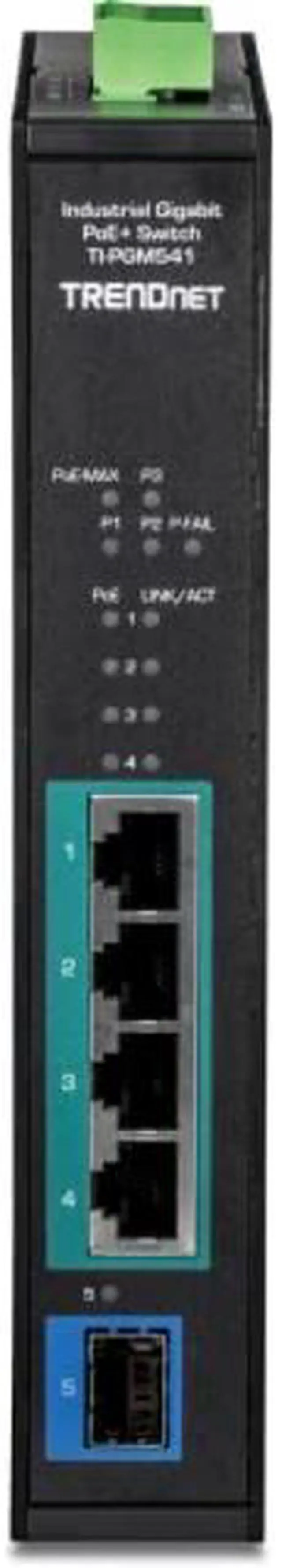Alt view image 2 of 5 - TRENDnet 5-Port Industrial Gigabit PoE+ Switch, Wide Temperature Range -20°  65°C (-4°  149°F), DIN-Rail Switch, 50-55V DC, 4 x Gigabit PoE+ Ports, 1 x Gigabit SFP Slot, TI-PGM541, Black