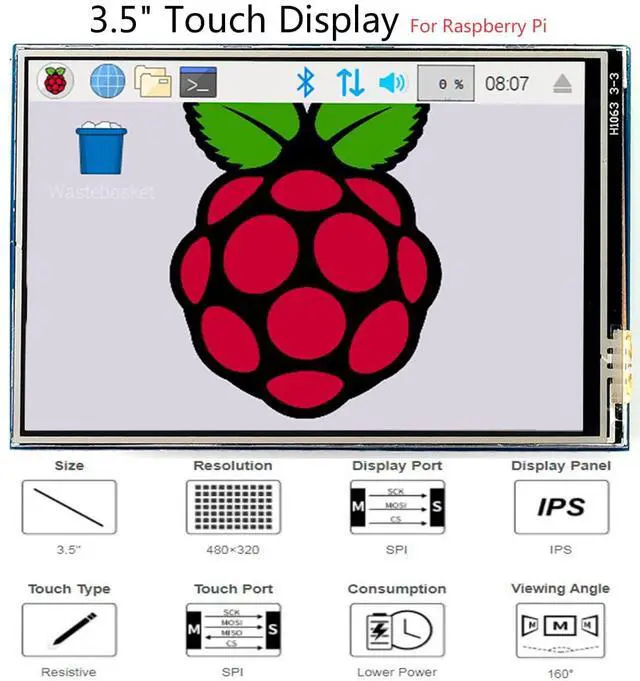 Alt view image 2 of 5 - Waveshare 3.5" Resistive Touch Screen IPS LCD 480x320, XPT2046 Controller, Compatible with Raspberry Pi 5/4B/3B+/3B/2B/A+/B+/Zero W/Zero 2W