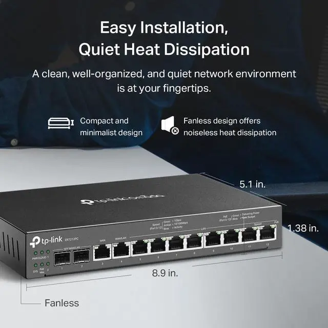 Alt view image 3 of 5 - TP-Link ER7212PC | Omada Router, PoE Switch & Controller 3-in-1 Gigabit VPN Router | Up to 4 WAN | 8 PoE+ LAN Port @ 110W | Fanless | Easy Installation | Load Balance