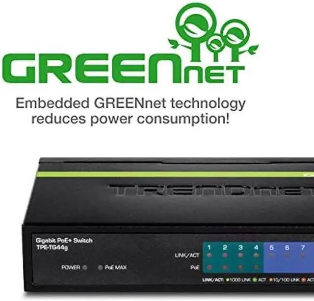 Alt view image 5 of 5 - TRENDnet 8-Port Gigabit GREENnet PoE+ Switch, TPE-TG44G, 4 x Gigabit PoE/PoE+ Up to 30 W/Port, 4 x Gigabit, 61 W Power Budget, 16 Gbps Switch Capacity, Ethernet Unmanaged Switch