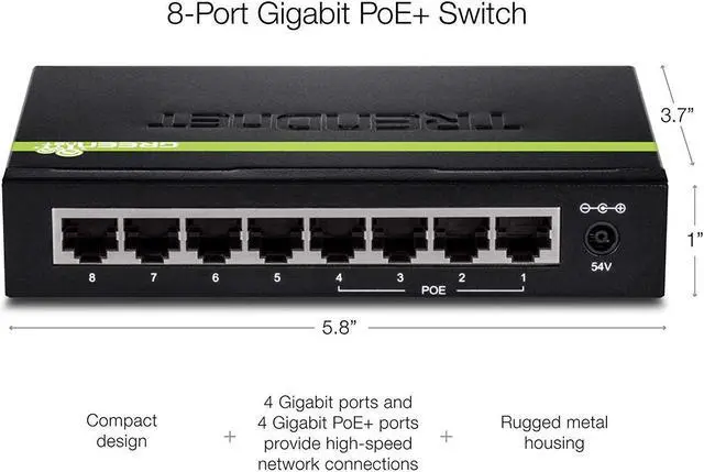 Alt view image 4 of 5 - TRENDnet 8-Port Gigabit GREENnet PoE+ Switch, TPE-TG44G, 4 x Gigabit PoE/PoE+ Up to 30 W/Port, 4 x Gigabit, 61 W Power Budget, 16 Gbps Switch Capacity, Ethernet Unmanaged Switch