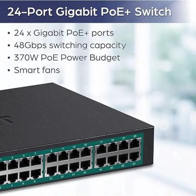 Alt view image 2 of 5 - TRENDnet 24-Port Gigabit PoE+ Switch, 24 x Gigabit PoE+ Ports, 370W Power Budget, 48Gbps Switch Capacity, RackMount Kit Included, Ethernet Network Switch, Metal, Lifetime Protection, Black, TPE-TG240G