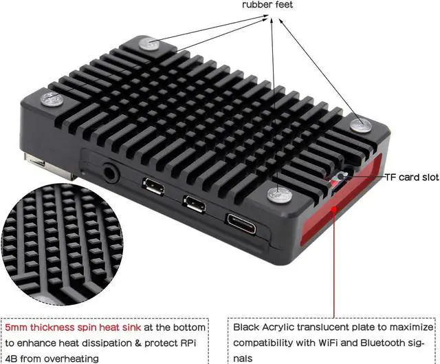 Alt view image 3 of 5 - Geekworm N300 Heatsink Case for Raspberry Pi 4, CNC Ultra-Thin Aluminum Alloy Metal Passive Cooling Case Compatible with Raspberry Pi 4 Model B Only