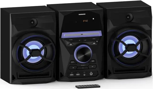 Main image of Magnavox 3-Piece CD Shelf System with Bluetooth, FM Radio, Remote Control, Colored Speaker Lights, LED Display, AUX Port - Black