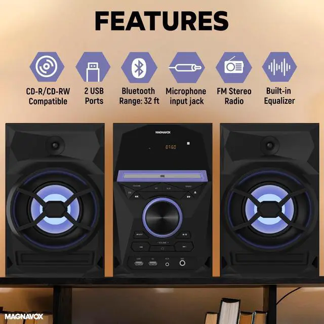 Alt view image 2 of 5 - Magnavox 3-Piece CD Shelf System with Bluetooth, FM Radio, Remote Control, Colored Speaker Lights, LED Display, AUX Port - Black