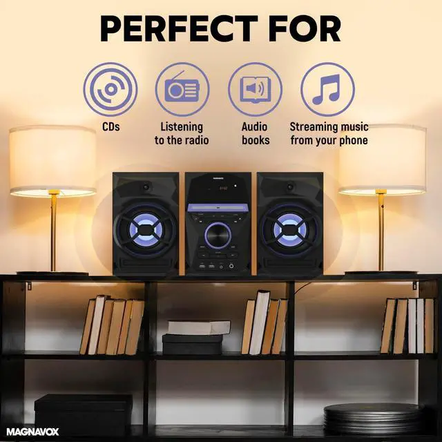 Alt view image 5 of 5 - Magnavox 3-Piece CD Shelf System with Bluetooth, FM Radio, Remote Control, Colored Speaker Lights, LED Display, AUX Port - Black