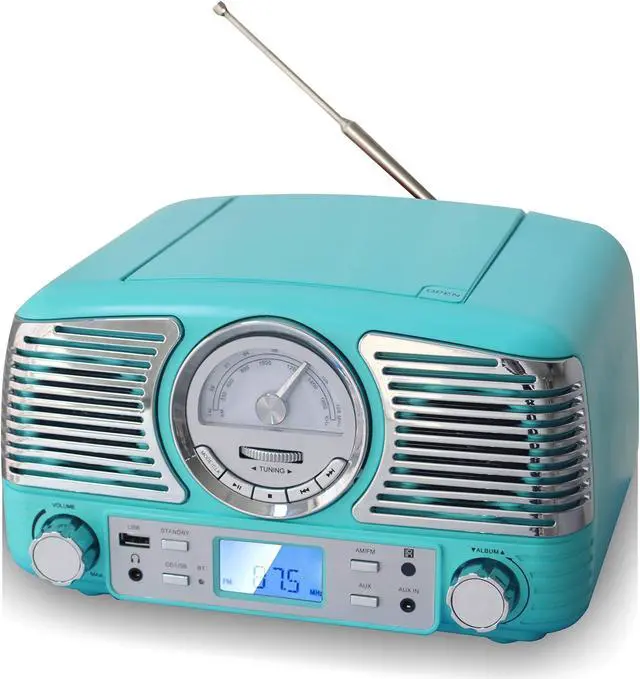 Main image of TechPlay QT62BT Turqouise , Retro design compact stereo CD, with AM/FM rotary knob, Wireless Bluetooth reception and USB port. With AUX in and headphone jack