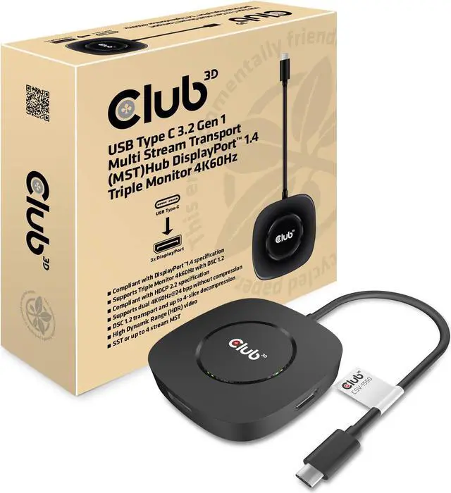 Alt view image 2 of 5 - Club 3D CSV-1550 USB3.2 Gen2 Type-C(DP Alt-Mode) to DisplayPort Triple Monitor 4K60Hz M/F MST hub