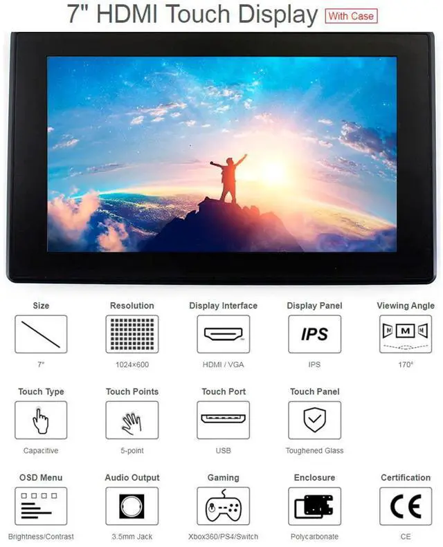 Alt view image 2 of 5 - 7inch HDMI LCD (H) (with case) Capacitive Touch Screen 1024x600 IPS Display Monitor Compatible with Raspberry Pi 5/4B/3B+/3B/Pi Zero W/Zero 2W/Pico/Pico W/Pico 2/Pico 2WJetson Nano/Win10/8/7