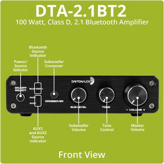 Alt view image 2 of 4 - Dayton Audio DTA-2.1BT2 Bluetooth 5.0 Stereo Audio 2.1 Channel Amplifier Receiver Mini Hi-Fi Class D Integrated Amp 2.1 CH for Home Speakers 100W and 100W Sub Output