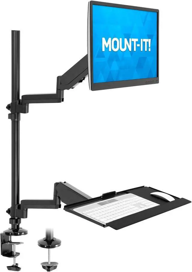 Main image of MOUNT-IT! Sit Stand Monitor Desk Mount [Fits 32" Screens] Height Adjustable, Full-Motion Articulating Arm with Keyboard Tray and Cable Management (Black)