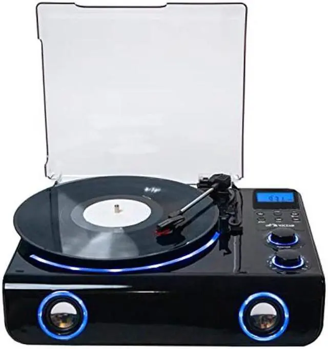 Alt view image 2 of 5 - Victor VHRP-1200 Beacon 5-in-1 Turntable System with Record Player, Bluetooth, FM Radio, Built-in Stereo Speakers, USB Playback, and Blue LED Accent Lighting  Digital Music Lovers