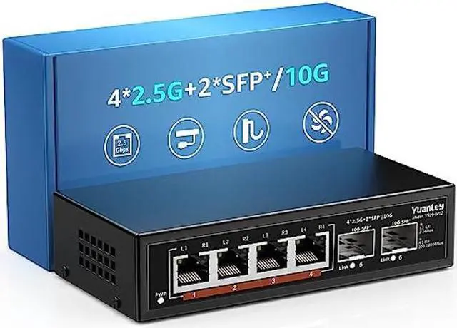 Main image of 6 Port 2.5G Umanaged Ethernet Switch, 4 x 2.5G Base-T Ports, 2 x 10G SFP, Compatible with 100/1000/2500Mbps, Metal Fanless, Desktop/Wall Mount YuanLey 2.5Gbe Network Switch for Wireless AP, NAS, PC