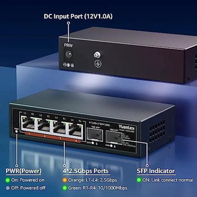 Alt view image 3 of 5 - 6 Port 2.5G Umanaged Ethernet Switch, 4 x 2.5G Base-T Ports, 2 x 10G SFP, Compatible with 100/1000/2500Mbps, Metal Fanless, Desktop/Wall Mount YuanLey 2.5Gbe Network Switch for Wireless AP, NAS, PC