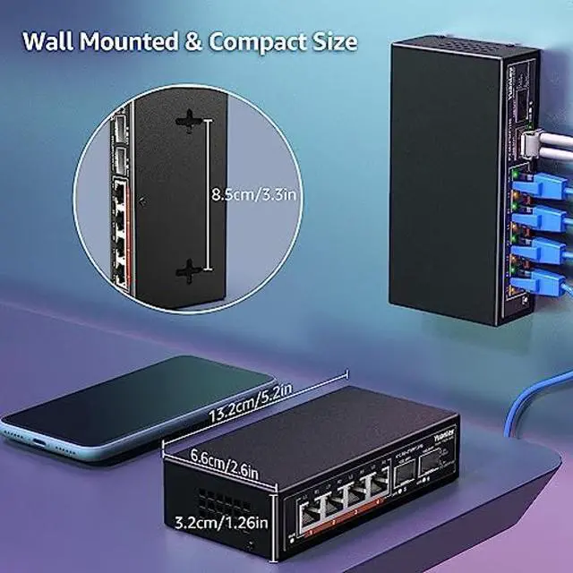 Alt view image 5 of 5 - 6 Port 2.5G Umanaged Ethernet Switch, 4 x 2.5G Base-T Ports, 2 x 10G SFP, Compatible with 100/1000/2500Mbps, Metal Fanless, Desktop/Wall Mount YuanLey 2.5Gbe Network Switch for Wireless AP, NAS, PC